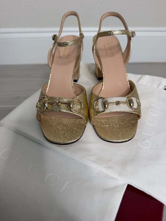 Gucci Shoes - Gucci Galassia Horsebit Metallic Platino Block Heel Sandals